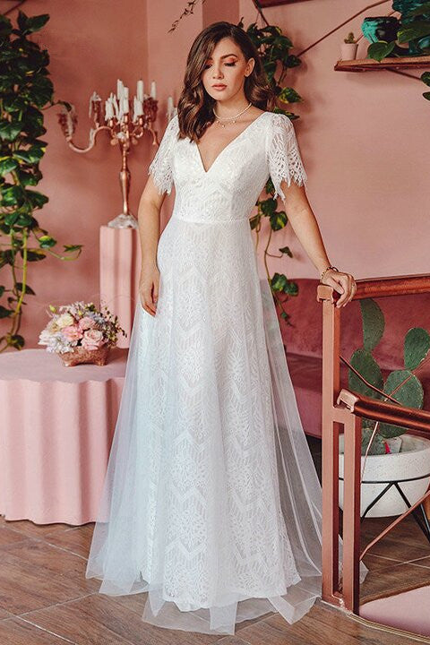 Summer Beach Lace Short Sleeve Long Wedding Dress-BallBride