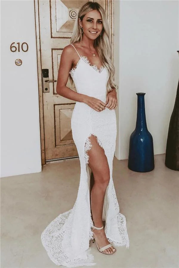 Summer Spaghetti-Straps Lace Evening Party Gowns Mermaid With Slit-BallBride