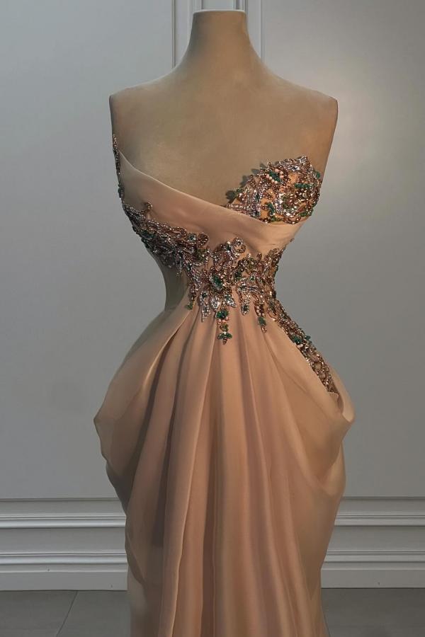 Sweetheart Draped Satin Mermaid Long Prom Dress with Beads and Rhinestone-BallBride