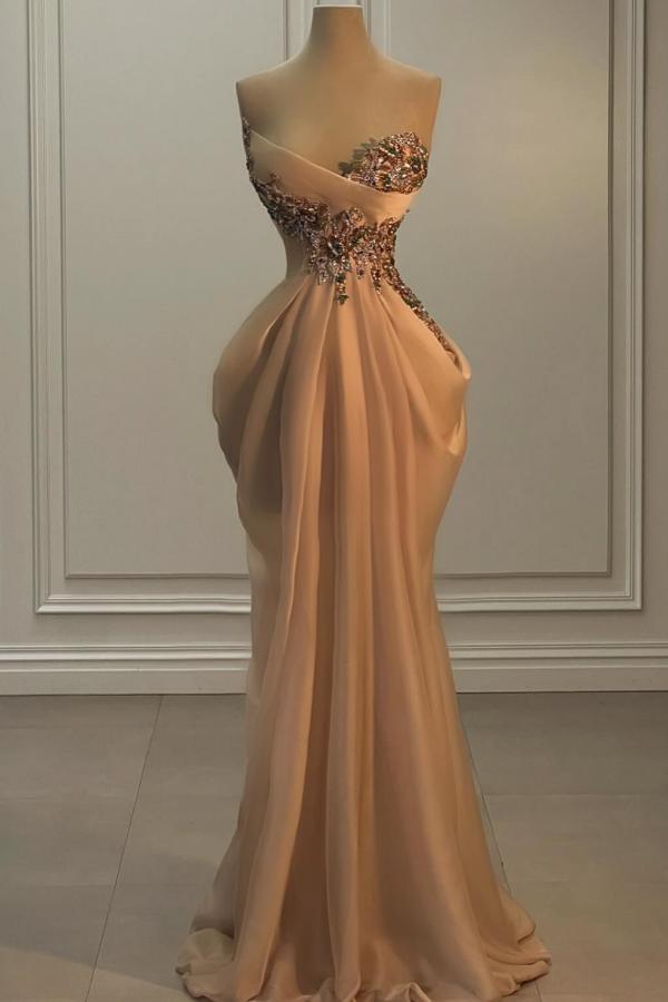 Sweetheart Draped Satin Mermaid Long Prom Dress with Beads and Rhinestone-BallBride