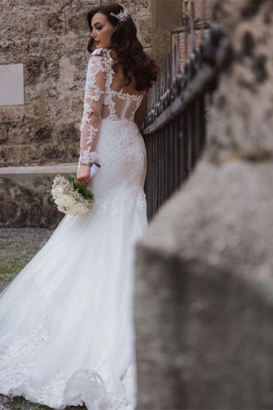 Sweetheart Lace Long Sleeves Mermaid Wedding Dress-BallBride