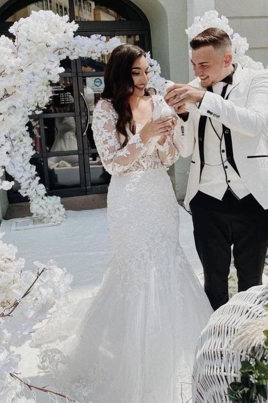 Sweetheart Lace Long Sleeves Mermaid Wedding Dress-BallBride