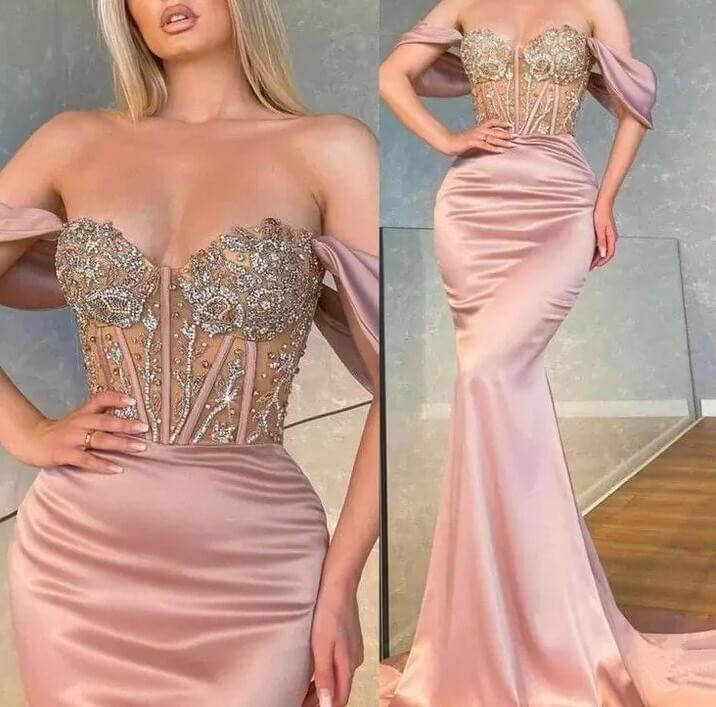 Sweetheart Long Off-the-Shoulder Mermaid Prom Dress with Beads-BallBride