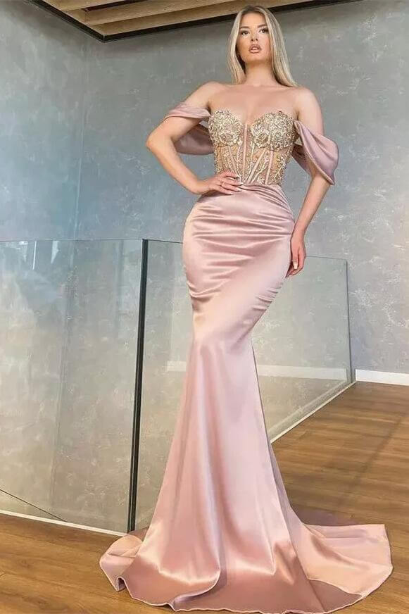 Sweetheart Long Off-the-Shoulder Mermaid Prom Dress with Beads-BallBride
