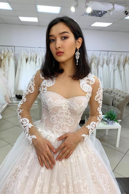 Sweetheart Long Sleeve Wedding Dress Ball Gown With Applique-BallBride