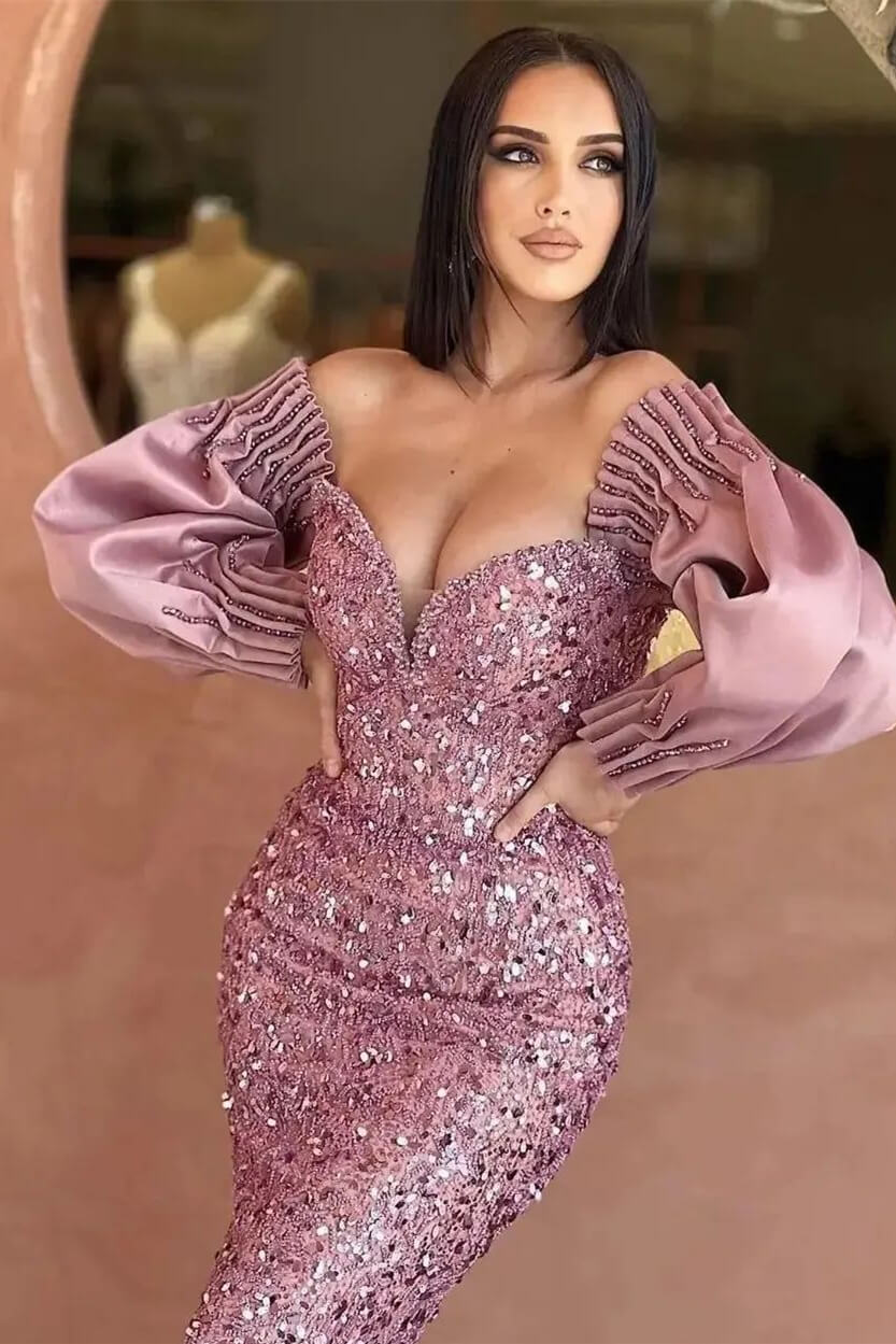 Sweetheart Long Sleeved Evening Dress With Sequins Mermaid Off-The-Shoulder-BallBride