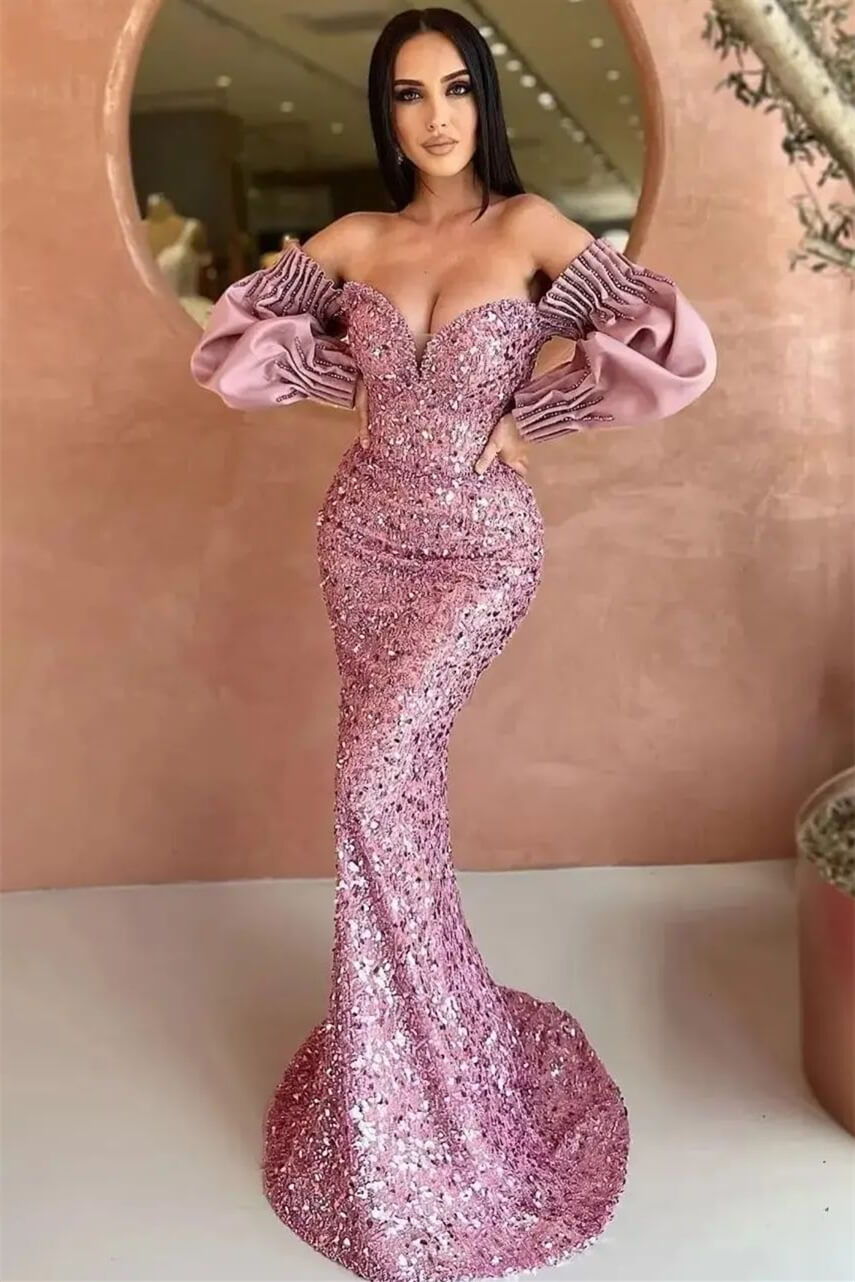 Sweetheart Long Sleeved Evening Dress With Sequins Mermaid Off-The-Shoulder-BallBride