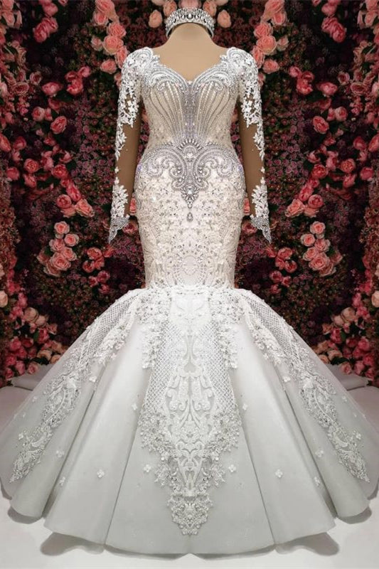 Sweetheart Long Sleeves Elegant Lace Appliques Mermaid Wedding Dress with Beadings-BallBride