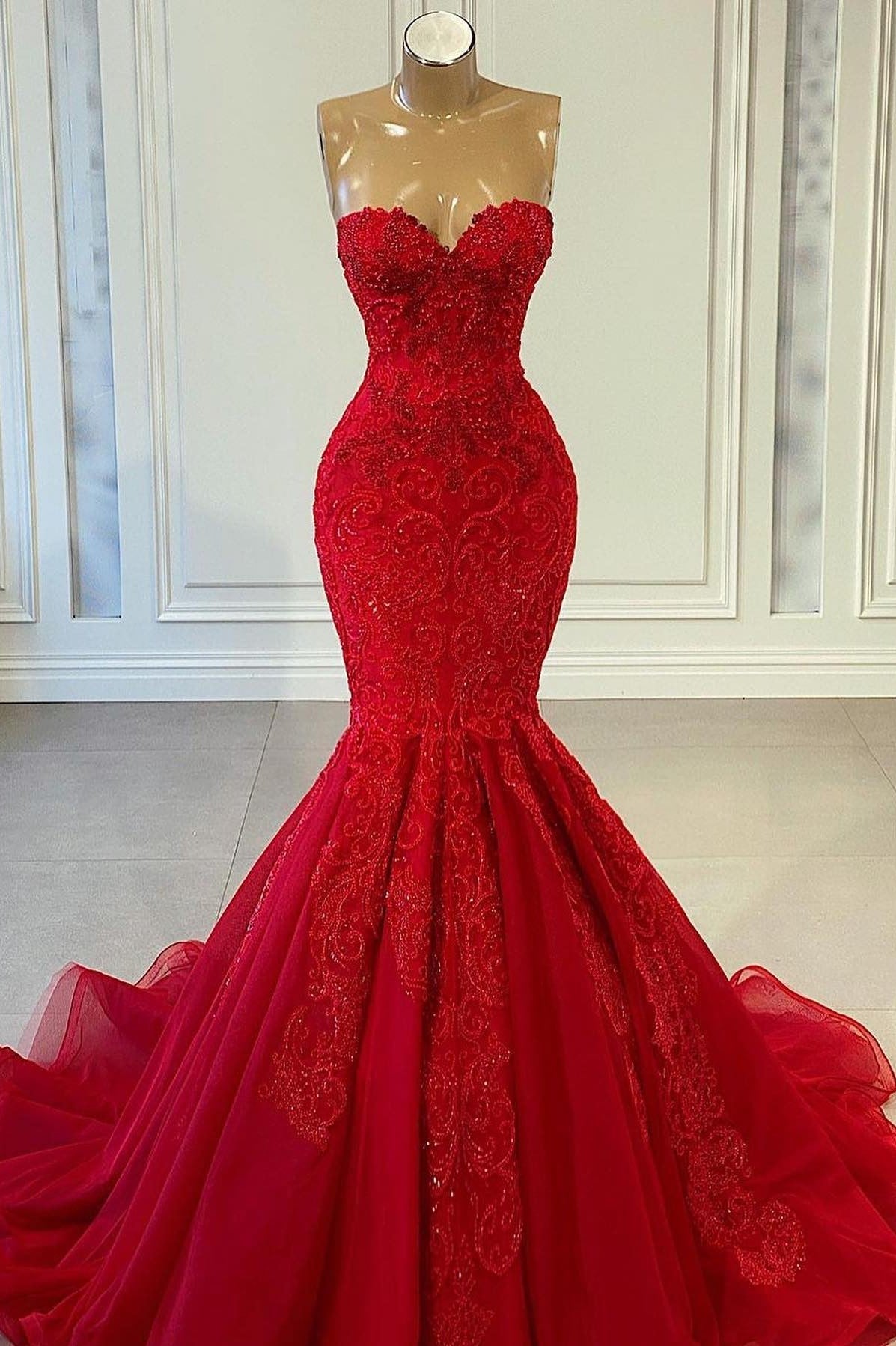 Sweetheart Red Mermaid Prom Dress With Beadings-BallBride
