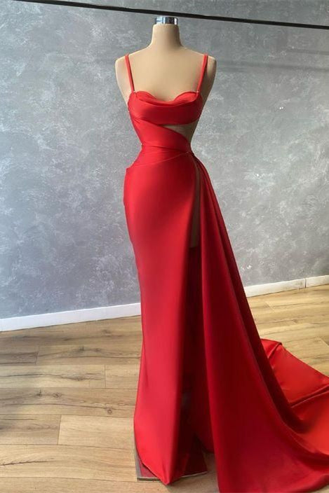 Sweetheart Red Mermaid Prom Dress with Ruffles and Spaghetti Straps-BallBride