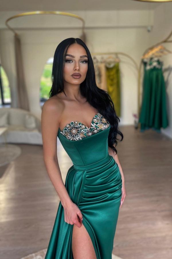 Sweetheart Rhinestone Split Front Long Satin Draped Mermaid Long Prom Dress-BallBride
