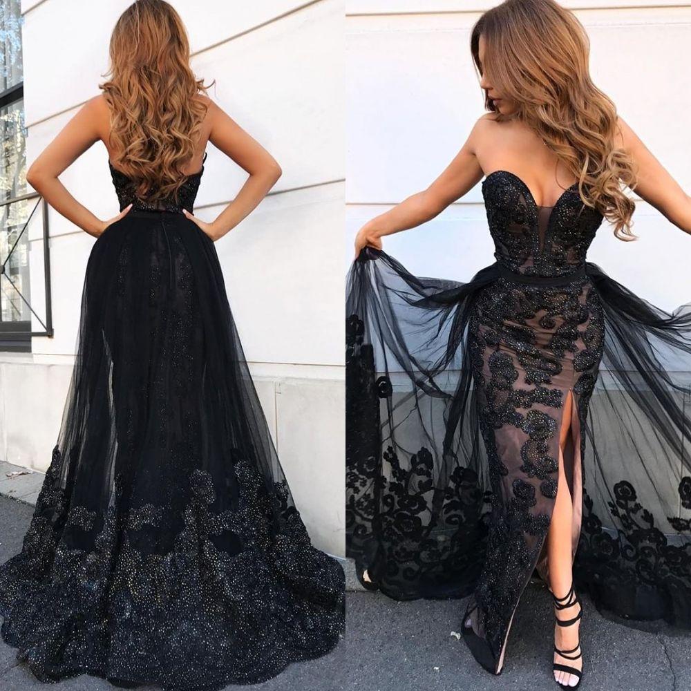 Sweetheart Split Long Lace Evening Dress With Ruffles-BallBride