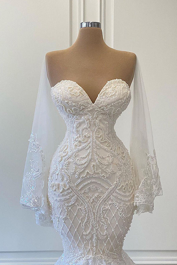 Sweetheart Strapless Lace Mermaid Wedding Dress With Pearls Beadings-BallBride