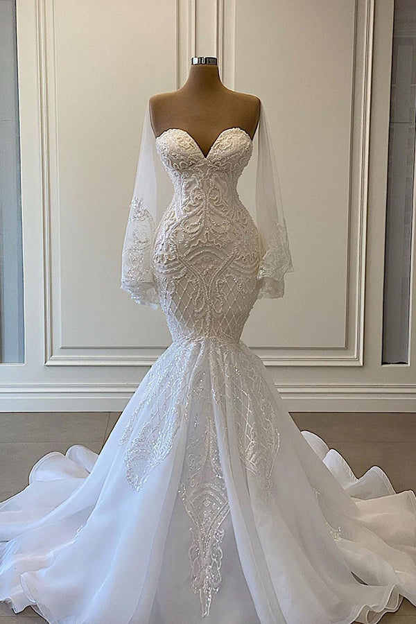 Sweetheart Strapless Lace Mermaid Wedding Dress With Pearls Beadings-BallBride