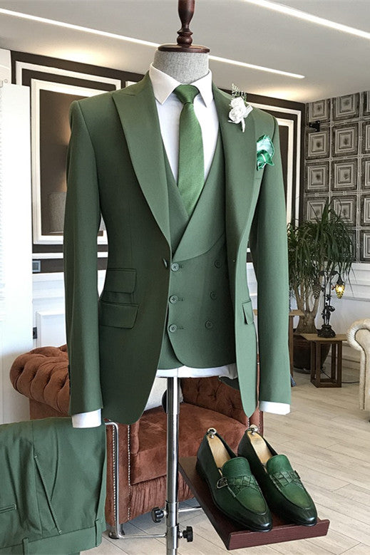 The Perfect Party Look - Classic Green Three Piece Casual Man Suits With Peaked Lapel-BallBride