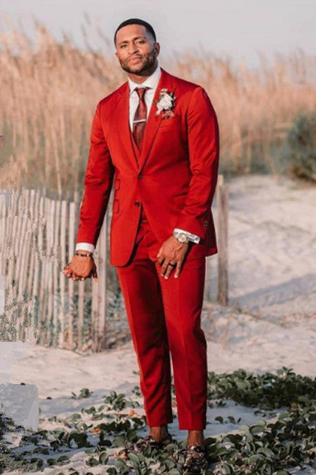 Three Piece Peaked Lapel Red Velvet Men's Suits for Weddings-BallBride