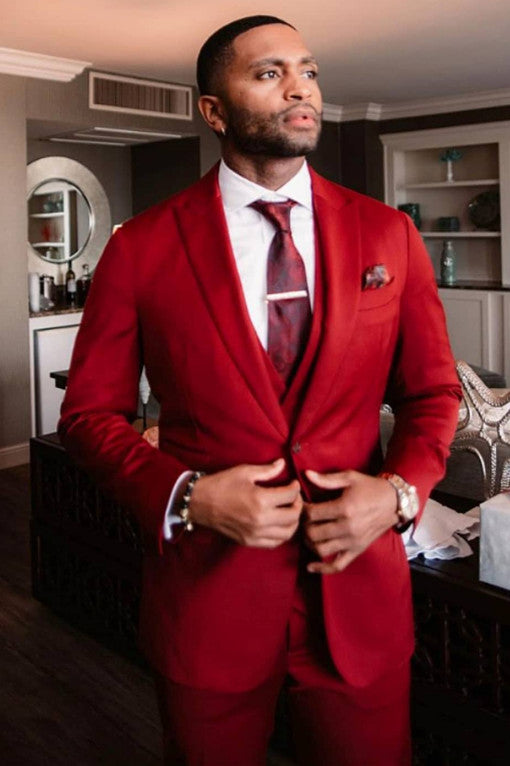 Three Piece Peaked Lapel Red Velvet Men's Suits for Weddings-BallBride