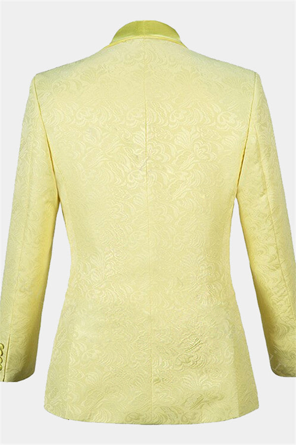 Three Piece Shawl Lapel Jacquard Morning Suit - Yellow-BallBride