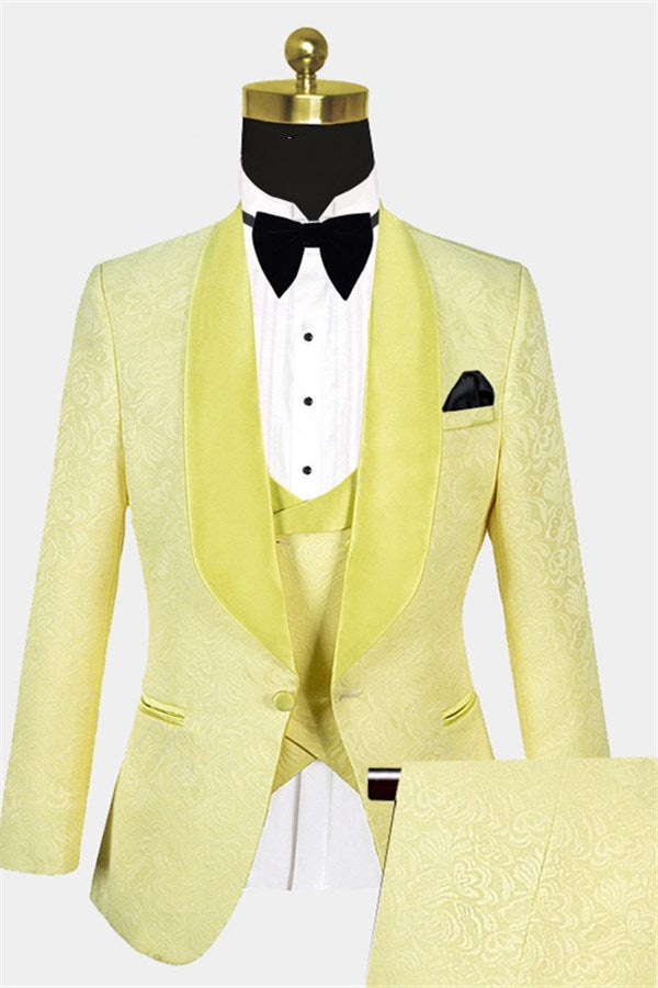 Three Piece Shawl Lapel Jacquard Morning Suit - Yellow-BallBride