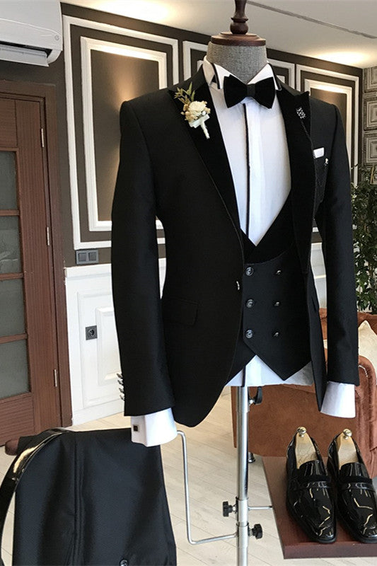 Three Pieces Black Summer Wedding Suits for Groom with Peaked Lapel-BallBride