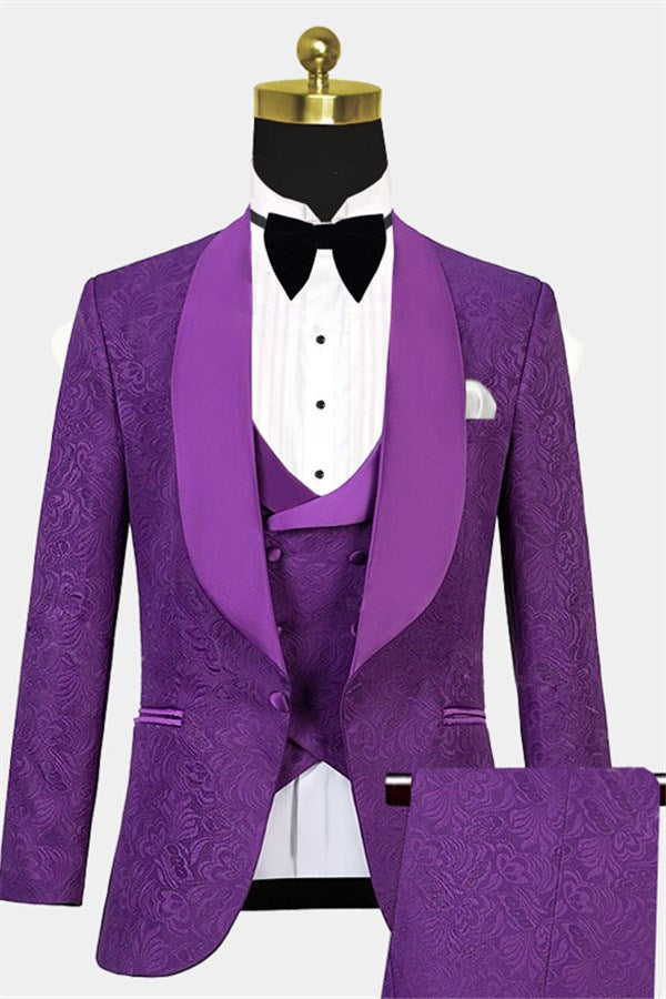 Three Pieces Classic Jacquard Violet Wedding Guest Suit-BallBride