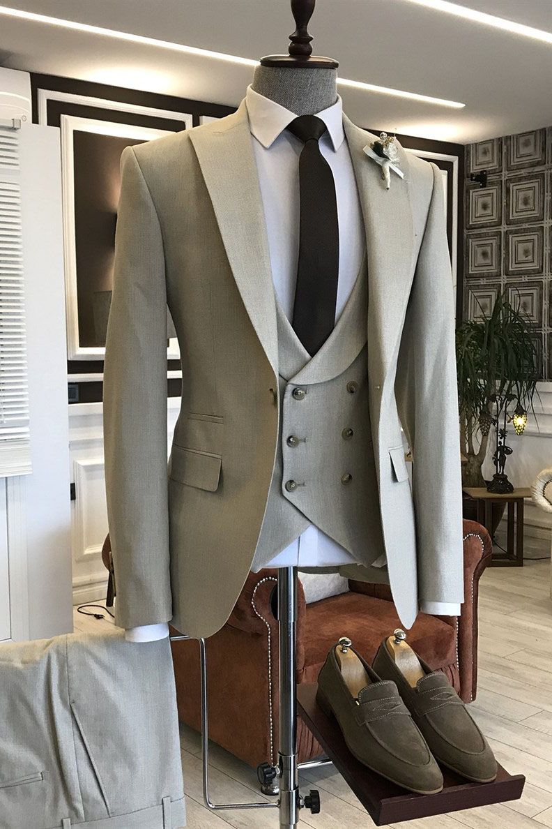 Three Pieces Light Brown Wedding Suit for Groom with Double Breasted-BallBride