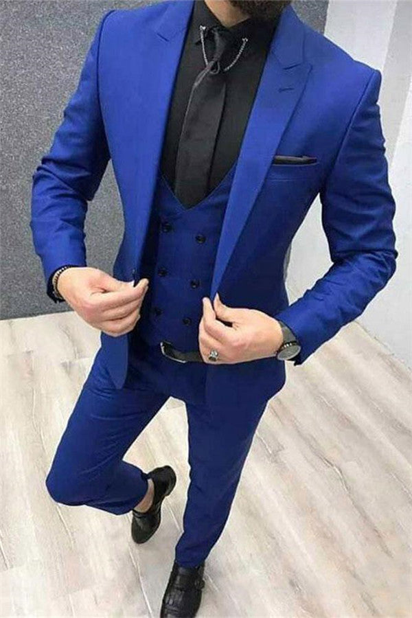 Three Pieces Royal Blue Peak Lapel Fashion Slim Fit Wedding Tux Ideas-BallBride
