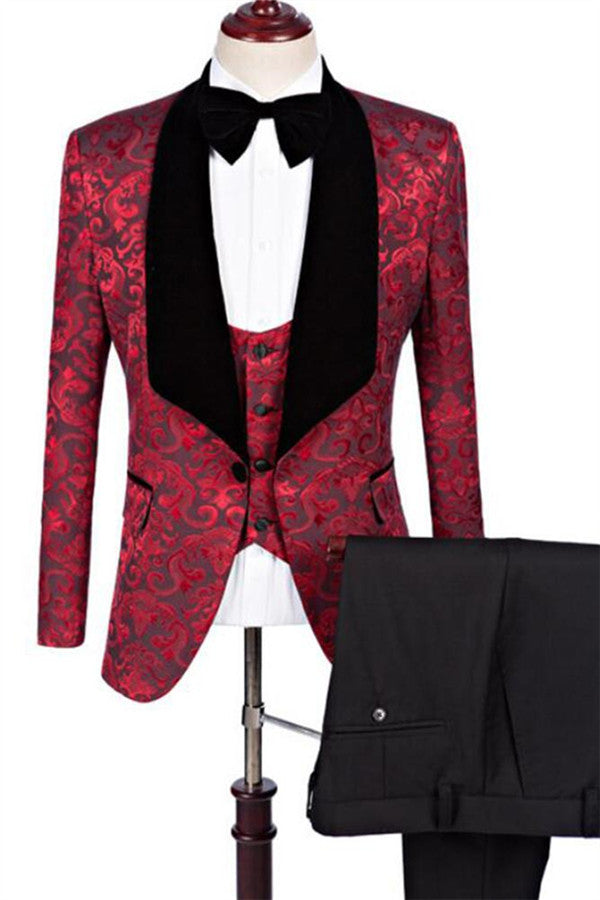 Three Pieces Ruby Flower Jacquard Short Fit Prom Business Formal Suits-BallBride