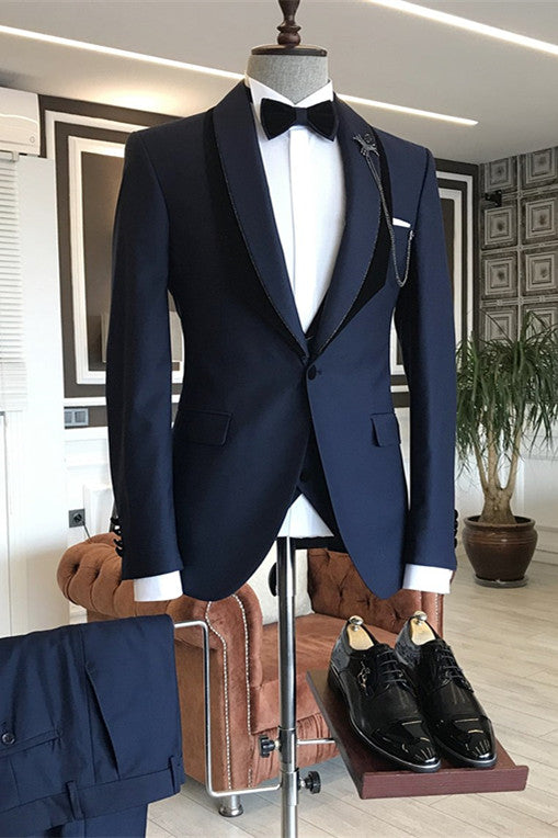 Tomas Navy Blue One Button Wedding Groom Suit with Shawl Lapel-BallBride