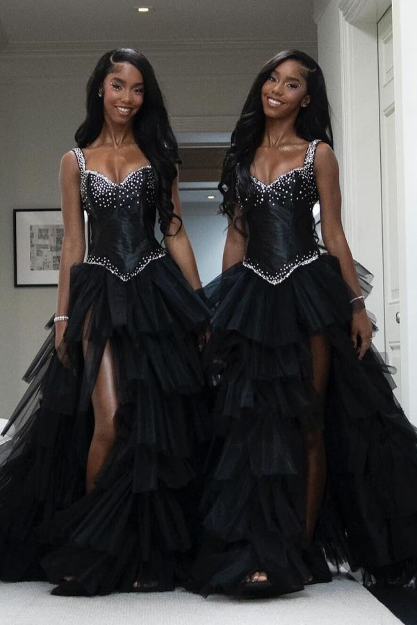 Trendy Black Tulle Side Slit Crystal Straps Prom Dress-BallBride
