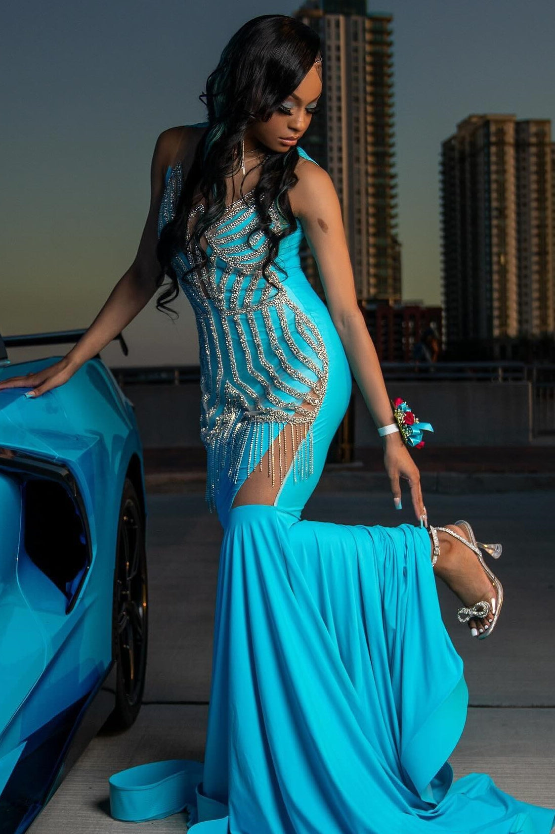 Trendy Blue Mermaid Sleeveless Crystal Sexy Prom Dress-BallBride