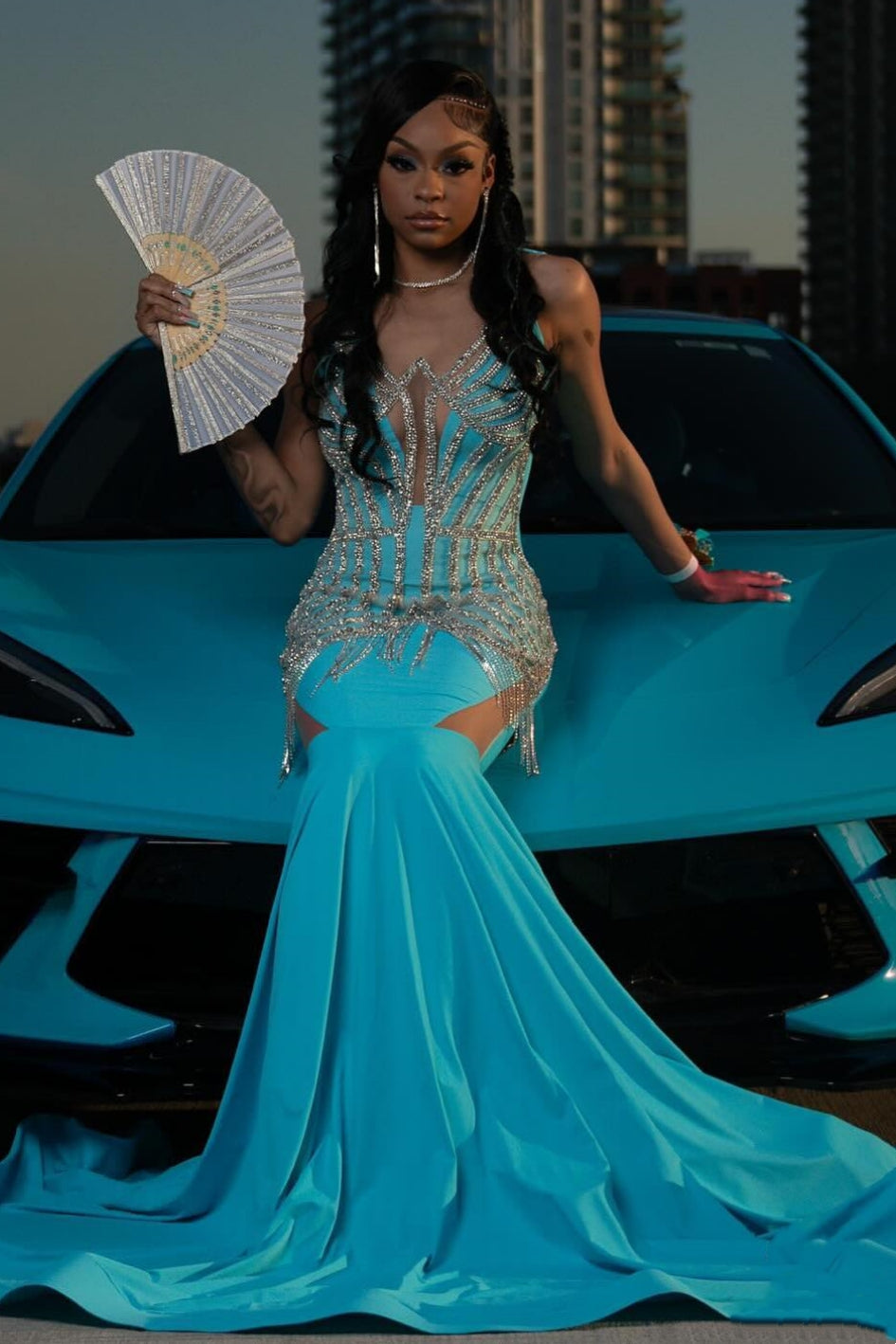 Trendy Blue Mermaid Sleeveless Crystal Sexy Prom Dress-BallBride