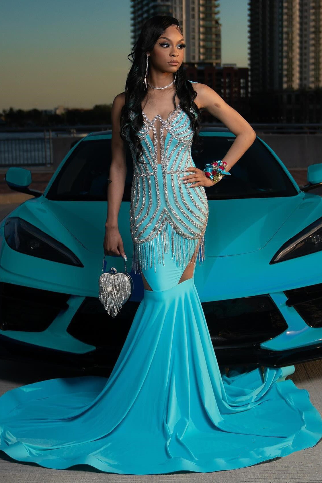Trendy Blue Mermaid Sleeveless Crystal Sexy Prom Dress-BallBride