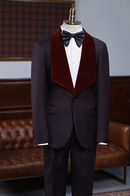 Trendy Burgundy 2-Piece Wedding Suit with Velvet Lapel for Grooms - Alexander-BallBride