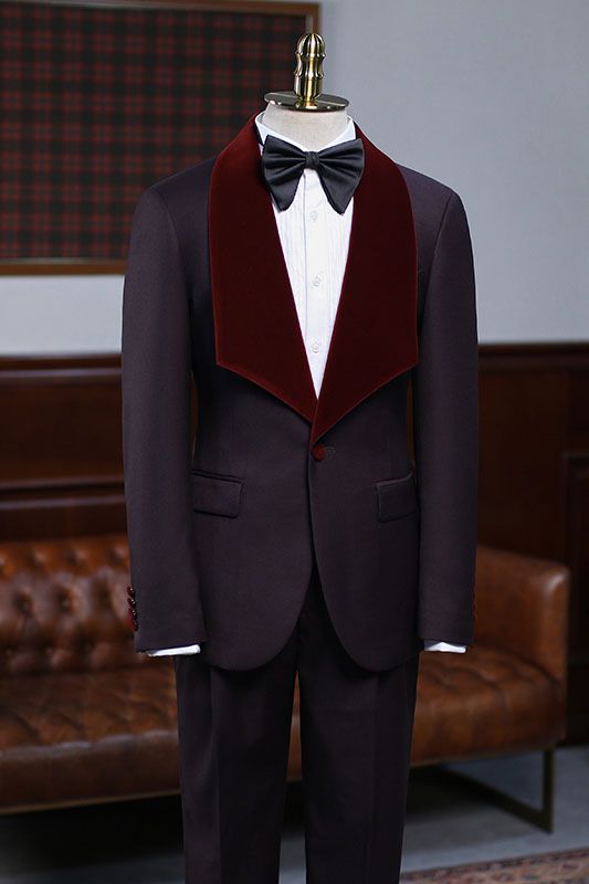 Trendy Burgundy 2-Piece Wedding Suit with Velvet Lapel for Grooms - Alexander-BallBride