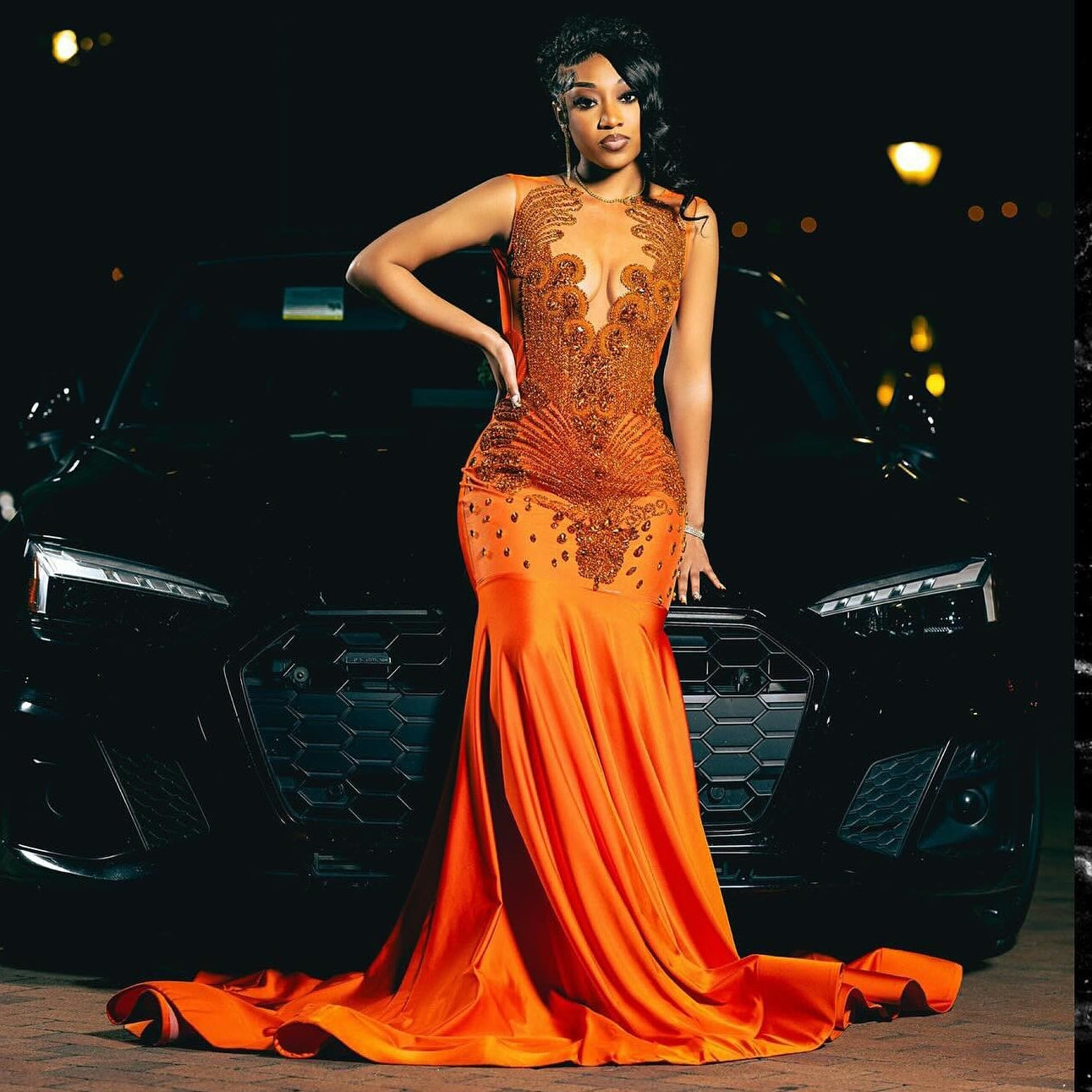 Trendy Orange Sleeveless Crystal Mermaid Prom Dress-BallBride