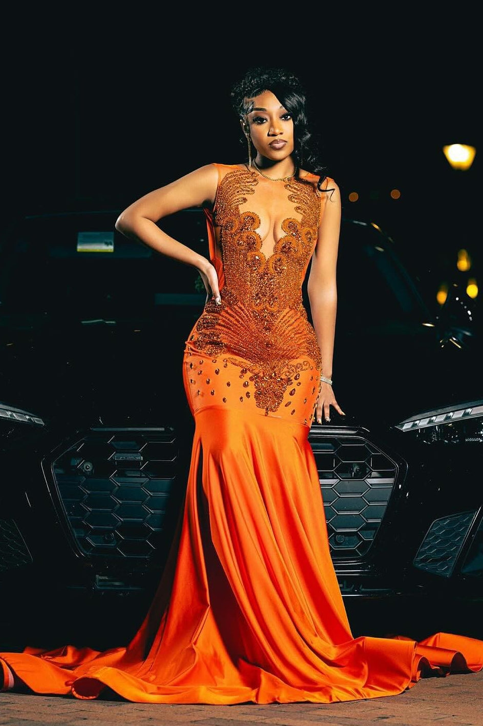 Trendy Orange Sleeveless Crystal Mermaid Prom Dress-BallBride
