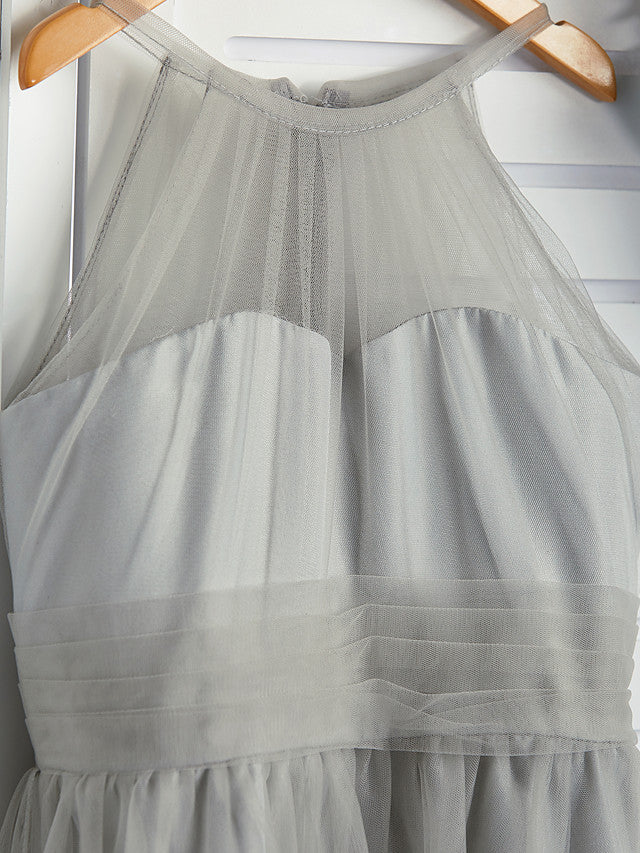 Tulle Flower Girl Dress with Ruching for A-Line Crew Neck Floor Length-BallBride