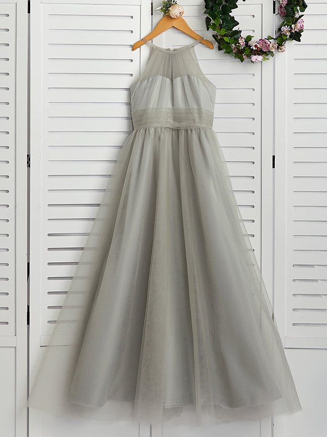 Tulle Flower Girl Dress with Ruching for A-Line Crew Neck Floor Length-BallBride