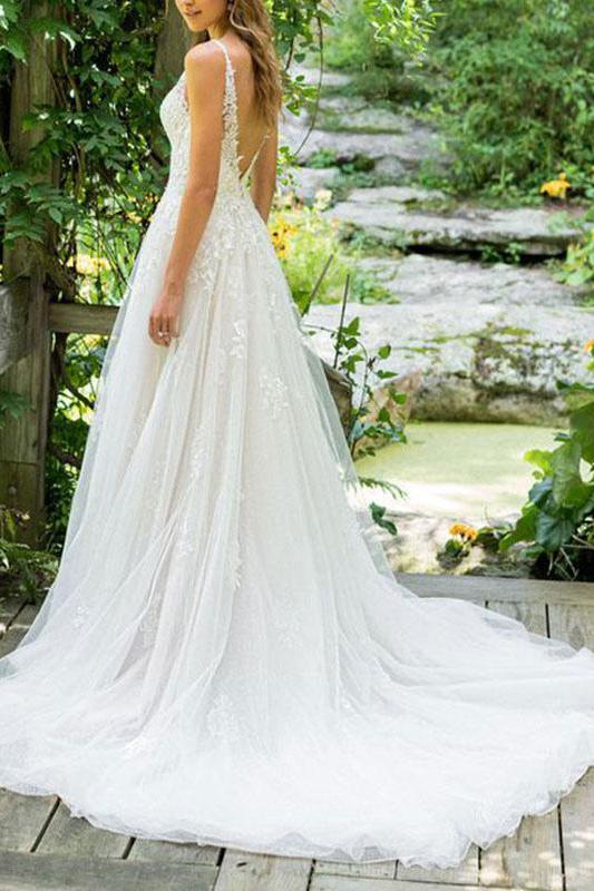 Tulle Lace Sleeveless Beach Wedding Dress-BallBride