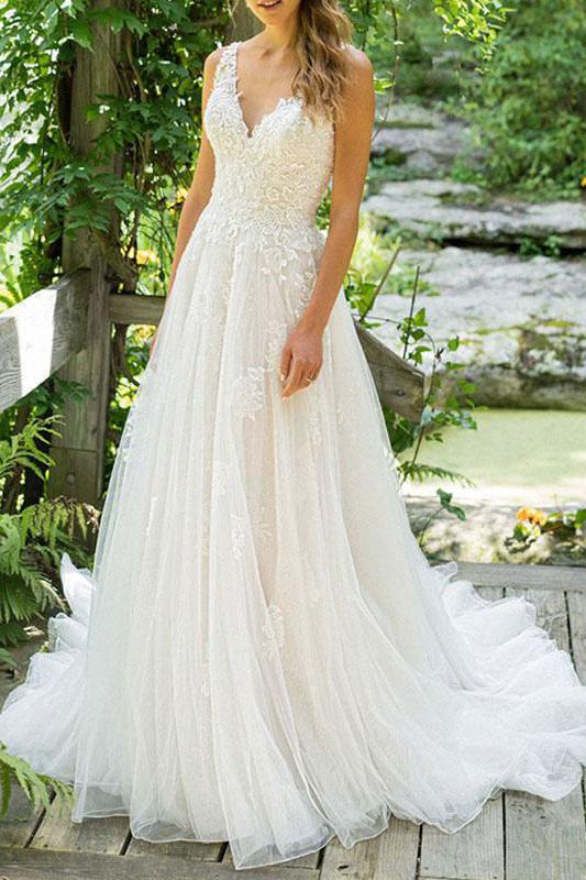 Tulle Lace Sleeveless Beach Wedding Dress-BallBride