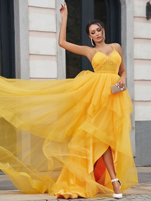 Tulle Prom Dress with Spaghetti-Straps and High-Lo Hem-BallBride