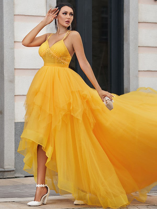 Tulle Prom Dress with Spaghetti-Straps and High-Lo Hem-BallBride