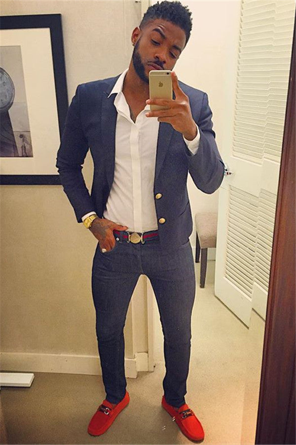 Two Buttons Navy Blue Party Prom Suit with Peaked Lapel for Men-BallBride