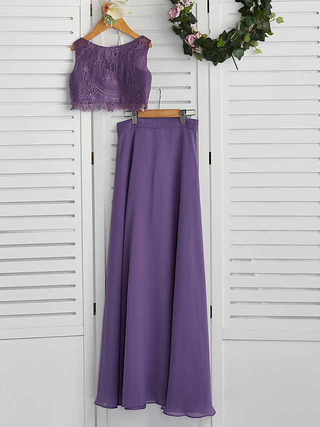 Two Piece A-Line Maxi Chiffon Lace Flower Girl Dress with Pleats-BallBride