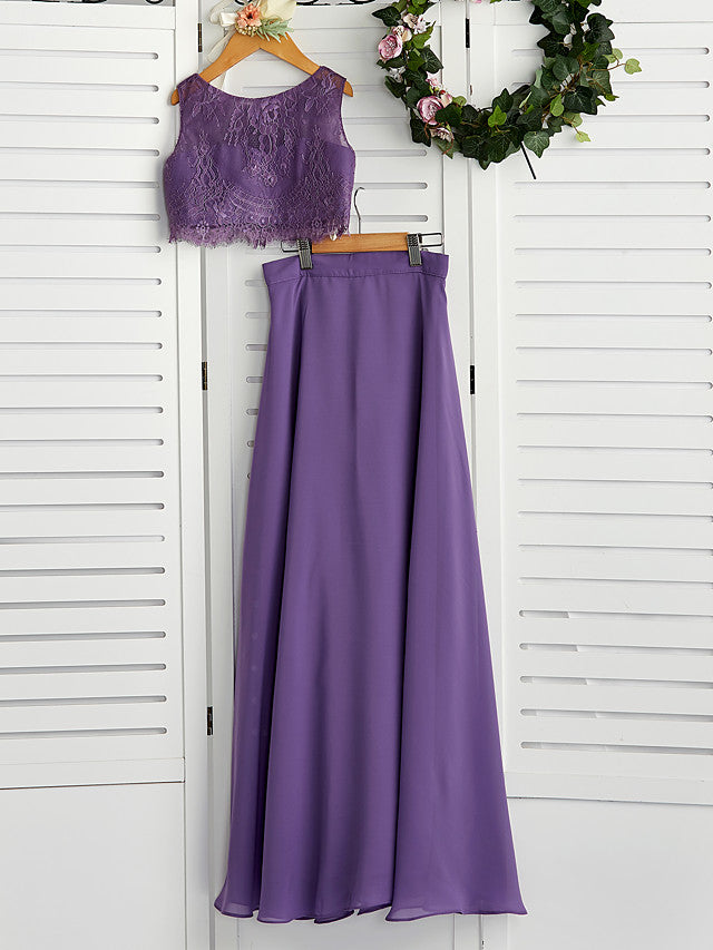 Two Piece A-Line Maxi Chiffon Lace Flower Girl Dress with Pleats-BallBride