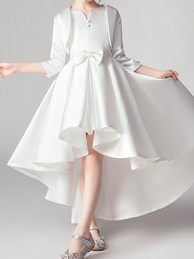 Two Piece Asymmetrical Polyester 3/4 Length Sleeve Jewel Neck With Bow(S) & Pleats-BallBride