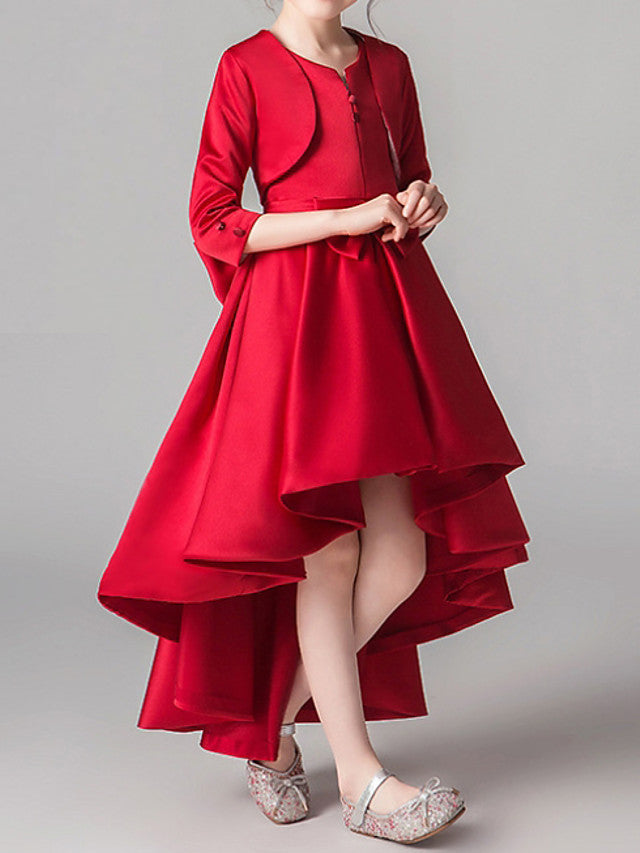 Two Piece Asymmetrical Polyester 3/4 Length Sleeve Jewel Neck With Bow(S) & Pleats-BallBride