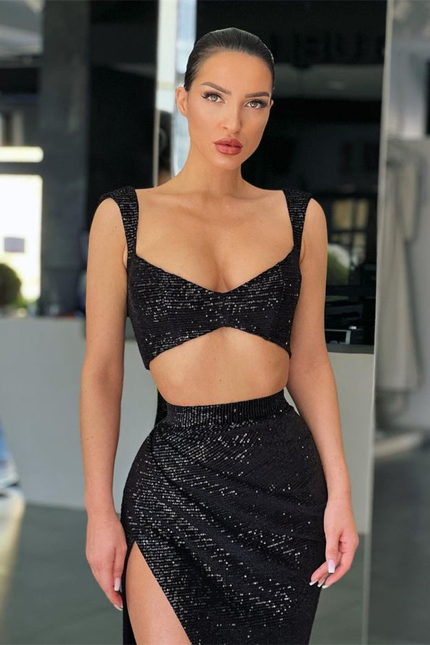 Two-Piece Mermaid Straps Split Prom Dress with Sequins - Black-BallBride