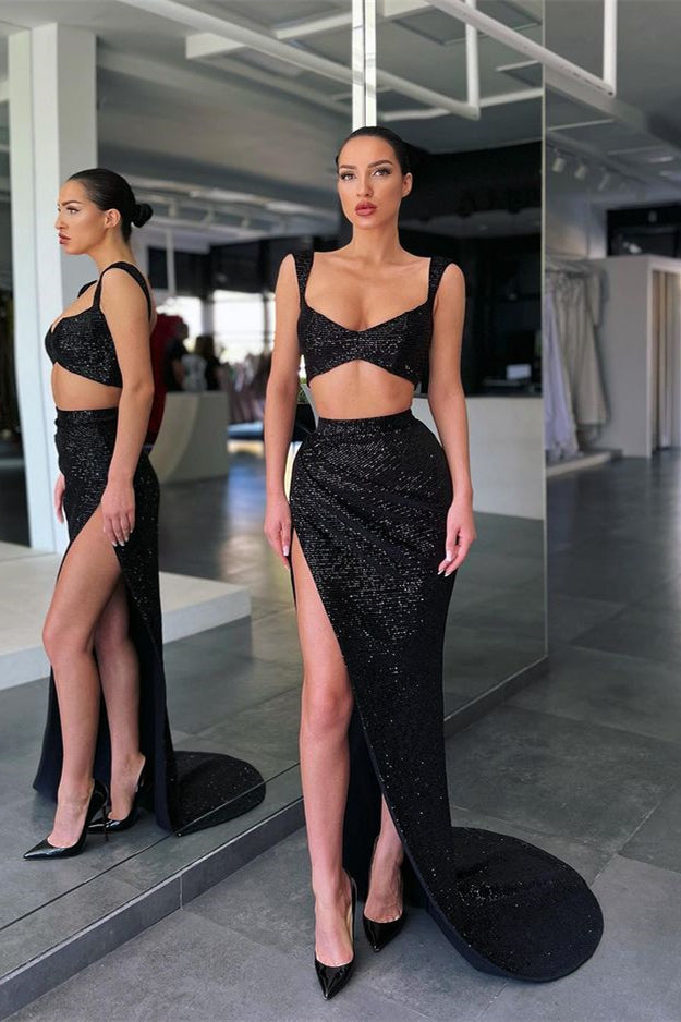 Two-Piece Mermaid Straps Split Prom Dress with Sequins - Black-BallBride